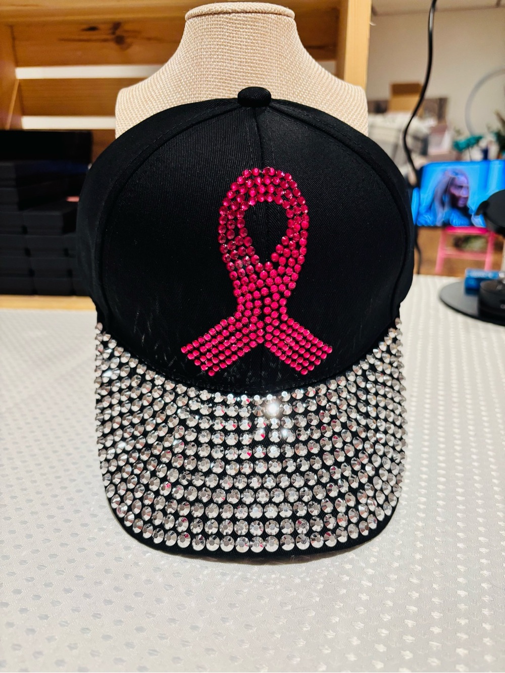 Crystal Rhinestone Black Cap with Pink Ribbon Accent - Women Accessories